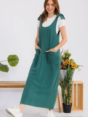 Celeste Green Tie-Shoulder Ribbed Maxi Dress